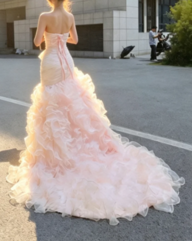 Strapless Sweetheart Ruched Satin Ruffled Organza Mermaid Wedding Evening Gown fg8755