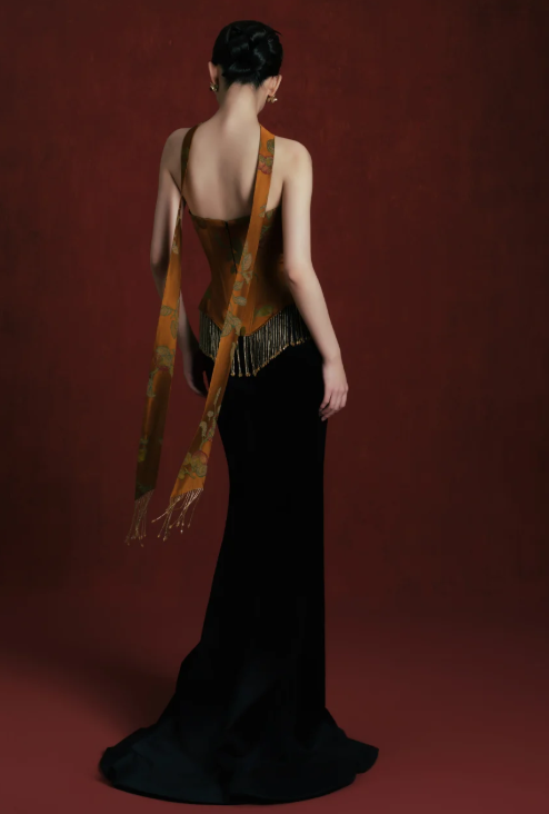 Strapless Printed Corset Top With Tassel & Scarf Mermaid Skirt Two-Piece Evening Gown fg8756
