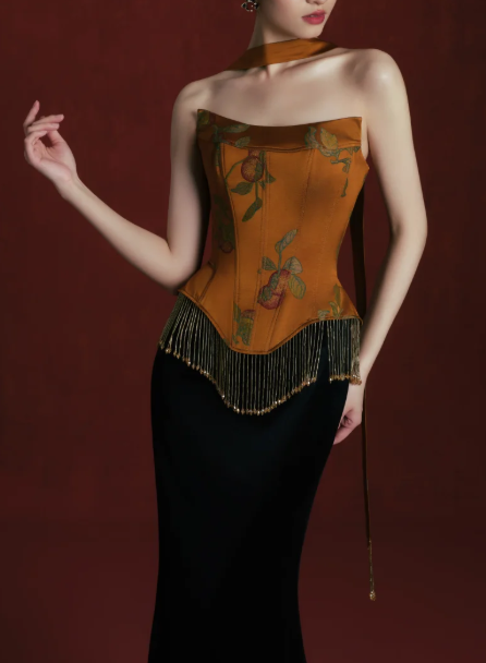 Strapless Printed Corset Top With Tassel & Scarf Mermaid Skirt Two-Piece Evening Gown fg8756