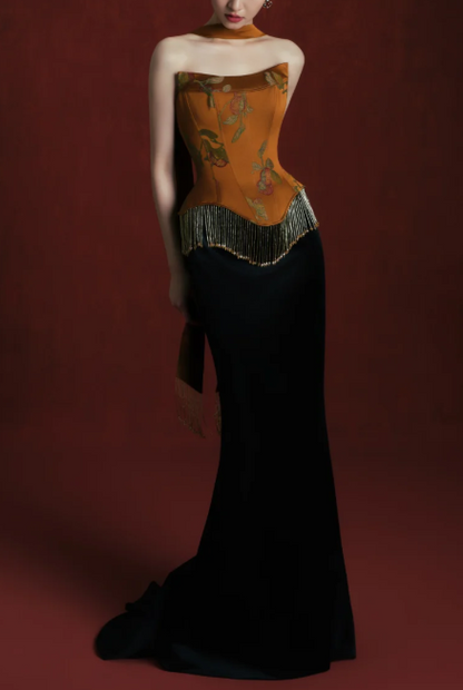 Strapless Printed Corset Top With Tassel & Scarf Mermaid Skirt Two-Piece Evening Gown fg8756