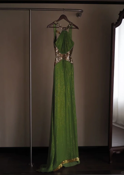 Halter Cutout Gold Sequin Chiffon Sheath Evening Gown fg8757