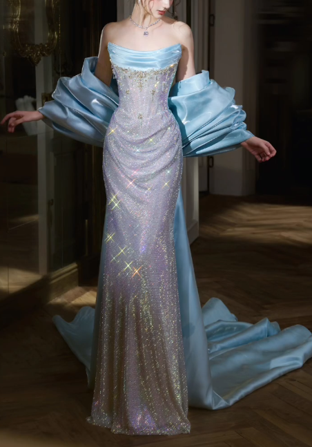 Strapless Draped Satin Sparkle Beaded Mermaid Evening Gown With Oversized Satin Sleeves fg8759