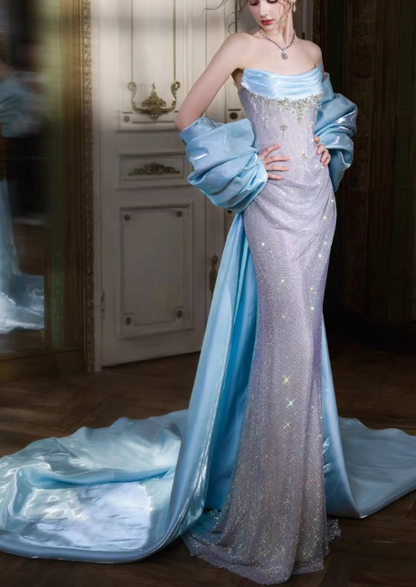 Strapless Draped Satin Sparkle Beaded Mermaid Evening Gown With Oversized Satin Sleeves fg8759