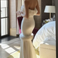 Strapless Feather Trim Mermaid Evening Gown, Backless Satin Formal Wedding Party Dress Gown fg8762