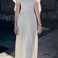 White V-Neck Flowy Sleeve Satin Long Evening Gown, Slim Formal Wedding Party Dress fg8764