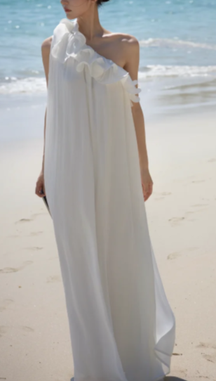 White One Shoulder Ruffle Chiffon Long Dress, Loose Flowy Beach Wedding Gown fg8765
