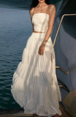 Strapless Two Piece Outfit, Tiered Maxi Skirt Wedding Guest Beach Dress fg8767