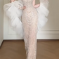 Halter Beaded Mermaid Evening Gown With Detachable Tulle Puff Sleeves fg8768