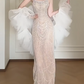 Halter Beaded Mermaid Evening Gown With Detachable Tulle Puff Sleeves fg8768