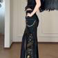 Gothic Off Shoulder Corset Mermaid Evening Gown With Gold Print & Chain Decor fg8770