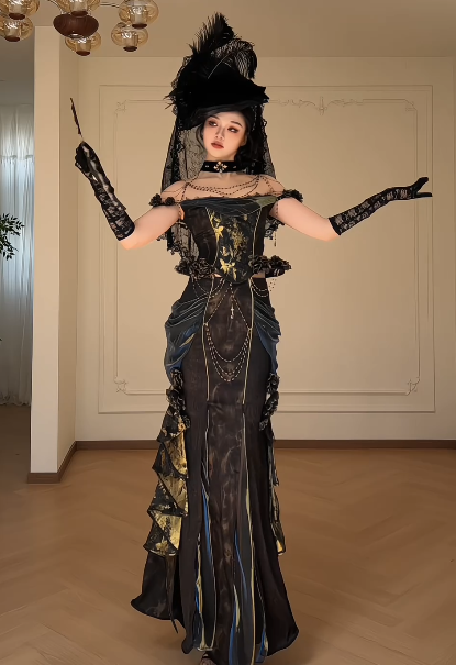 Gothic Off Shoulder Corset Mermaid Evening Gown With Gold Print & Chain Decor fg8770
