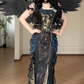Gothic Off Shoulder Corset Mermaid Evening Gown With Gold Print & Chain Decor fg8770