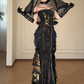Gothic Off Shoulder Corset Mermaid Evening Gown With Gold Print & Chain Decor fg8770