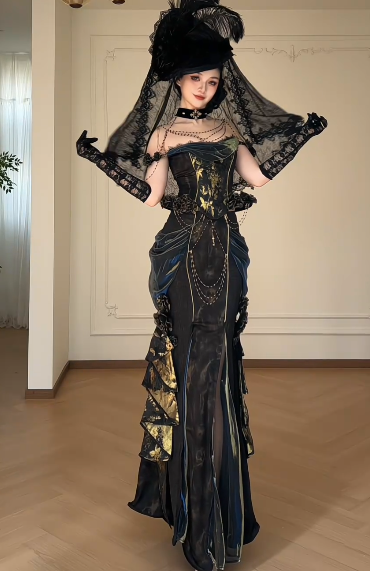 Gothic Off Shoulder Corset Mermaid Evening Gown With Gold Print & Chain Decor fg8770