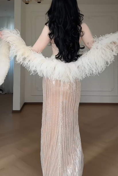 Spaghetti Strap Sweetheart Cutout Rhinestone Beaded Mermaid Evening Gown With Detachable Feather Sleeves  fg8771