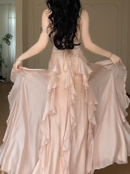 Spaghetti Strap Cowl Neck Satin Corset Ruffled High Slit Evening Maxi Dress With Detachable Feather Sleeves  fg8772