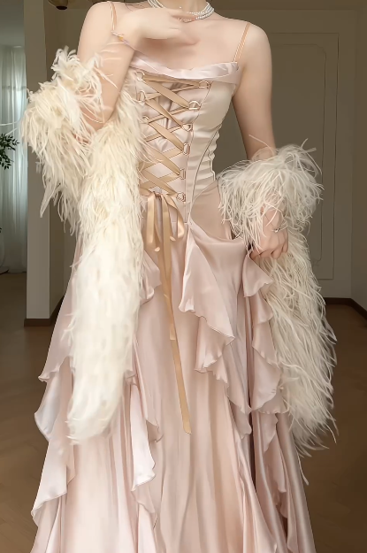 Spaghetti Strap Cowl Neck Satin Corset Ruffled High Slit Evening Maxi Dress With Detachable Feather Sleeves  fg8772