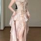 Spaghetti Strap Cowl Neck Satin Corset Ruffled High Slit Evening Maxi Dress With Detachable Feather Sleeves  fg8772