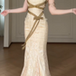 Halter V Neck Lace Satin Mermaid Evening Gown With Gold Glitter Strap & Detachable Feather Shawl  fg8773