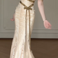 Halter V Neck Lace Satin Mermaid Evening Gown With Gold Glitter Strap & Detachable Feather Shawl  fg8773