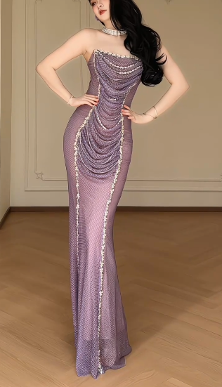 Strapless Draped Rhinestone Mesh Mermaid Evening Gown With Detachable Gradient Feather Sleeves fg8774