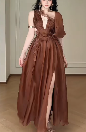 Brown One Shoulder  Deep V  Lace Evening Gown  fg8776