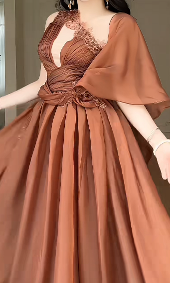 Brown One Shoulder  Deep V  Lace Evening Gown  fg8776
