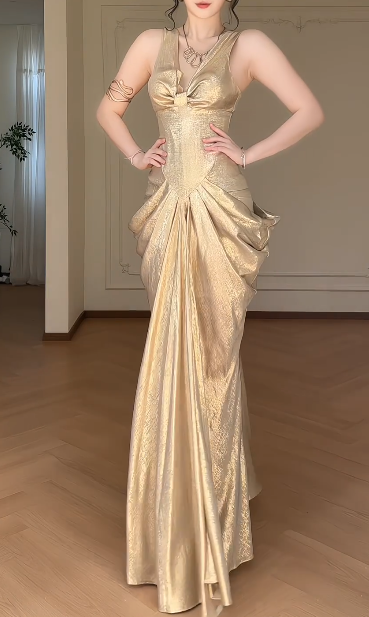 Champagne V Neck Mermaid Evening Gown, Sleeveless Bow Front Draped Metallic Satin Formal Dress  fg8777