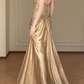 Champagne V Neck Mermaid Evening Gown, Sleeveless Bow Front Draped Metallic Satin Formal Dress  fg8777