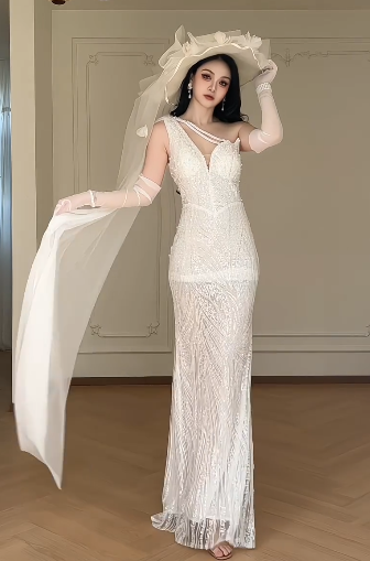 White Deep V Mermaid Wedding Dress, Sleeveless Asymmetrical Strap Beaded Sequin Bridal Gown  fg8778