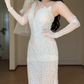 White Deep V Mermaid Wedding Dress, Sleeveless Asymmetrical Strap Beaded Sequin Bridal Gown  fg8778