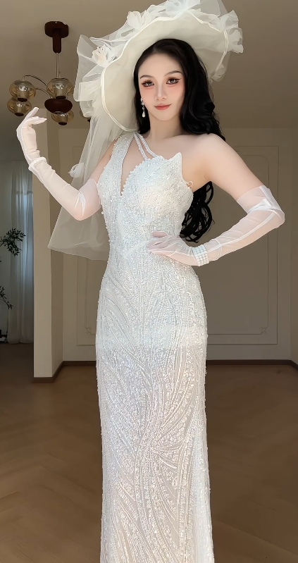 White Deep V Mermaid Wedding Dress, Sleeveless Asymmetrical Strap Beaded Sequin Bridal Gown  fg8778