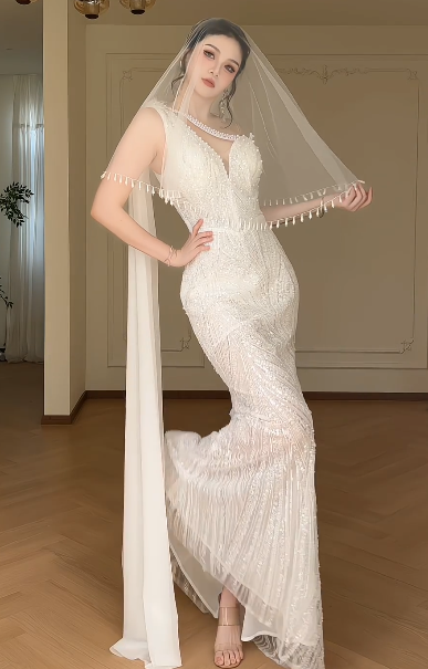 White Deep V Mermaid Wedding Dress, Sleeveless Asymmetrical Strap Beaded Sequin Bridal Gown  fg8778