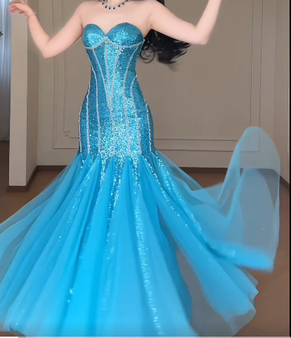 Strapless Sweetheart Sequin Mermaid Evening Gown, Sparkly Tulle Formal Prom Dress  fg8780