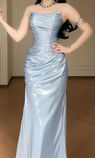 Strapless Light Blue Satin Mermaid Evening Gown, Ruched Bodycon Formal Maxi Dress  fg8781