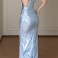 Strapless Light Blue Satin Mermaid Evening Gown, Ruched Bodycon Formal Maxi Dress  fg8781