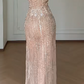 Off Shoulder Rose Gold Sequin Mermaid Evening Gown, High Slit Chiffon Train Formal Dress fg8783