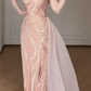 Off Shoulder Rose Gold Sequin Mermaid Evening Gown, High Slit Chiffon Train Formal Dress fg8783