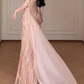 Off Shoulder Rose Gold Sequin Mermaid Evening Gown, High Slit Chiffon Train Formal Dress fg8783