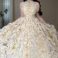 Halter Champagne 3D Ruffled Ball Gown, Open Back Bow Formal Evening Dress  fg8784
