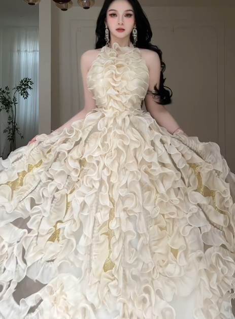 Halter Champagne 3D Ruffled Ball Gown, Open Back Bow Formal Evening Dress  fg8784