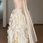 Halter Champagne 3D Ruffled Ball Gown, Open Back Bow Formal Evening Dress  fg8784