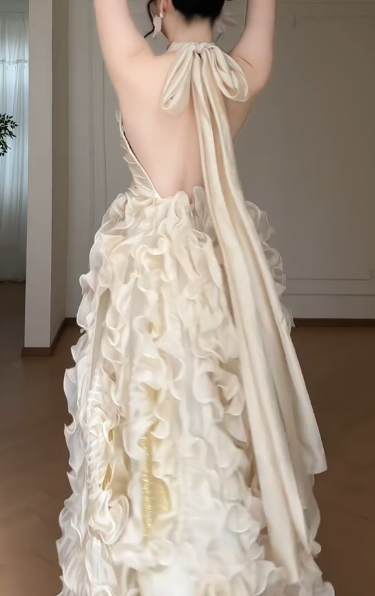 Halter Champagne 3D Ruffled Ball Gown, Open Back Bow Formal Evening Dress  fg8784