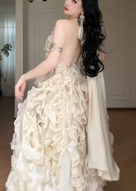Halter Champagne 3D Ruffled Ball Gown, Open Back Bow Formal Evening Dress  fg8784
