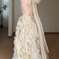 Halter Champagne 3D Ruffled Ball Gown, Open Back Bow Formal Evening Dress  fg8784