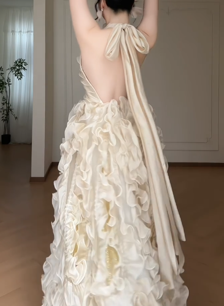 Halter Champagne 3D Ruffled Ball Gown, Open Back Bow Formal Evening Dress  fg8784