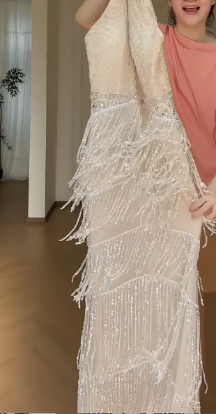 Halter Beaded Fringe Mermaid Evening Gown, Sleeveless Sparkly Tiered Tassel Formal Dress  fg8785