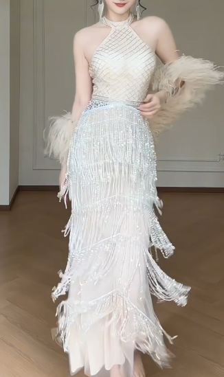 Halter Beaded Fringe Mermaid Evening Gown, Sleeveless Sparkly Tiered Tassel Formal Dress  fg8785