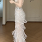 Halter Beaded Fringe Mermaid Evening Gown, Sleeveless Sparkly Tiered Tassel Formal Dress  fg8785