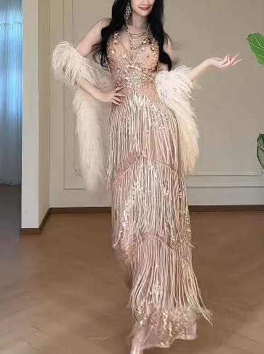 V-Neck Sequin Tassel Sleeveless Backless Long Evening Gown fg8795
